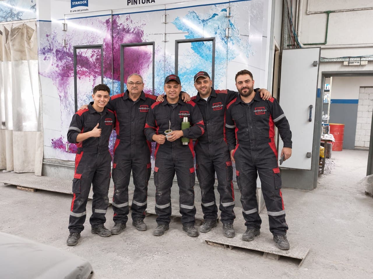 Equipo de INFRAPLUX frente a una cabina de pintura